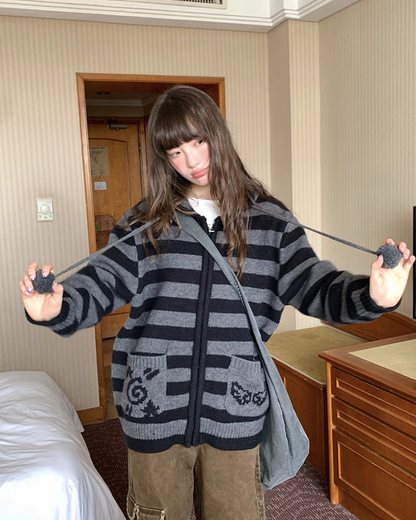 Border Pocket Design Knit Hoodie BU0091