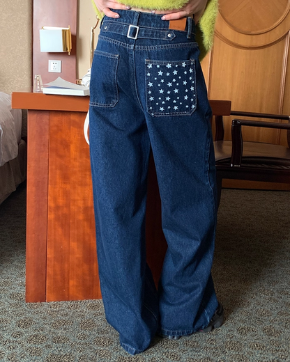 Back Pocket Star Design Wide Denim Pants BU0102