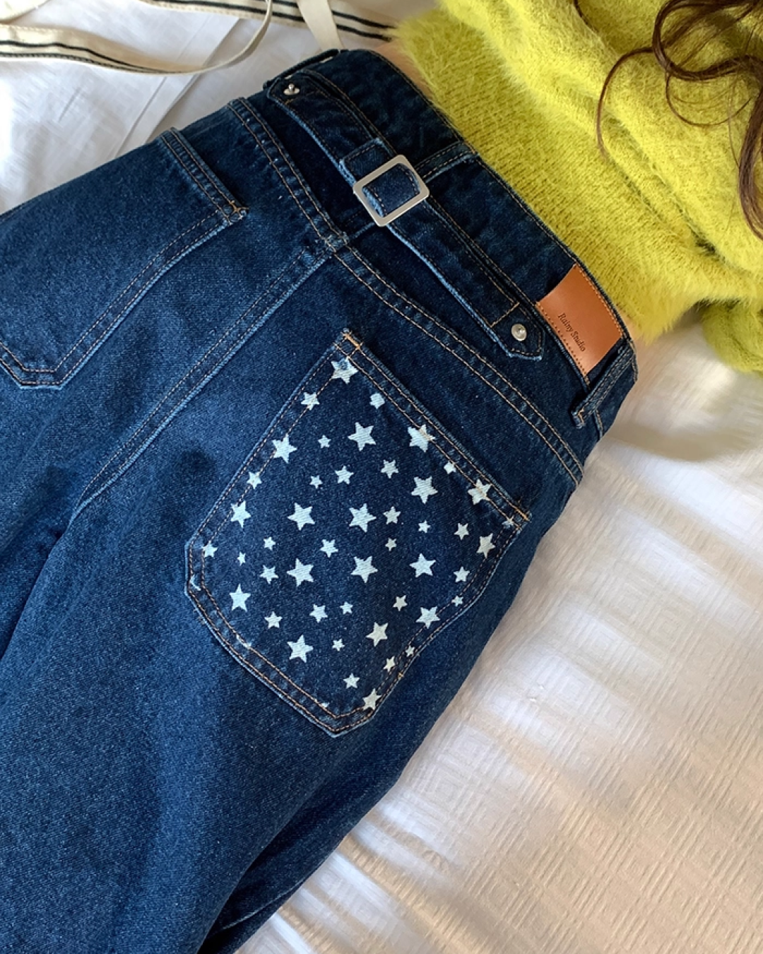 Back Pocket Star Design Wide Denim Pants BU0102