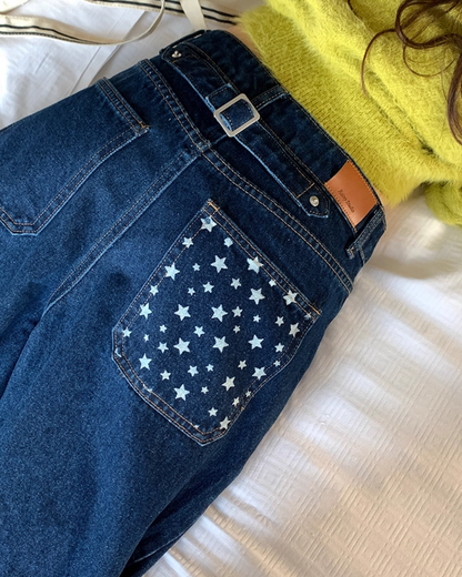 Back Pocket Star Design Wide Denim Pants BU0102