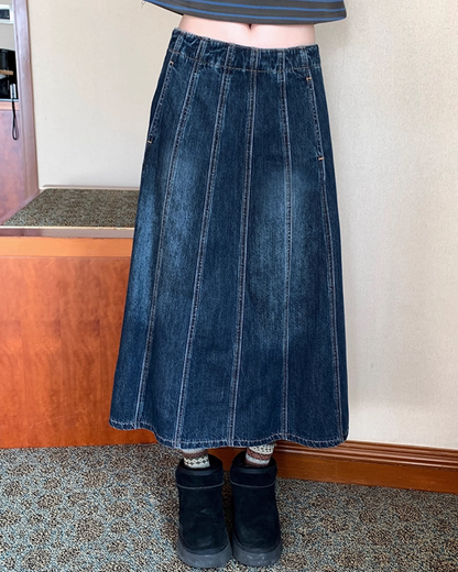 Long Pleats Denim Skirt BU0106