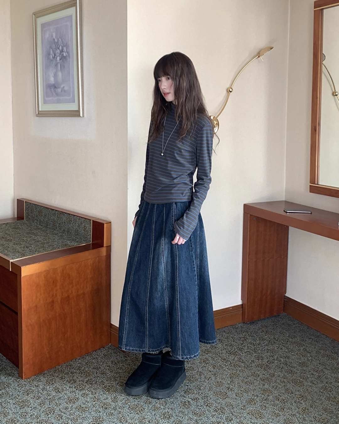 Long Pleats Denim Skirt BU0106