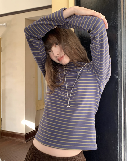 Border Mock Neck Tops BU0108