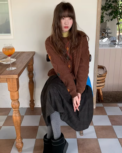 Dark Gray Plaid Pattern Long Skirt BU0112