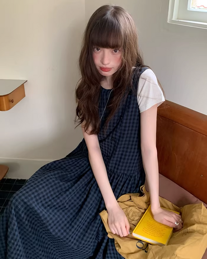 Navy Plaid Pattern Long Dress BU0113