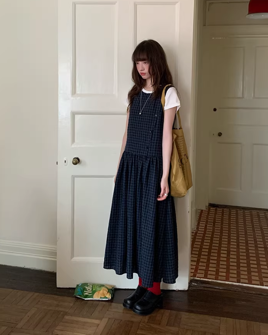 Navy Plaid Pattern Long Dress BU0113