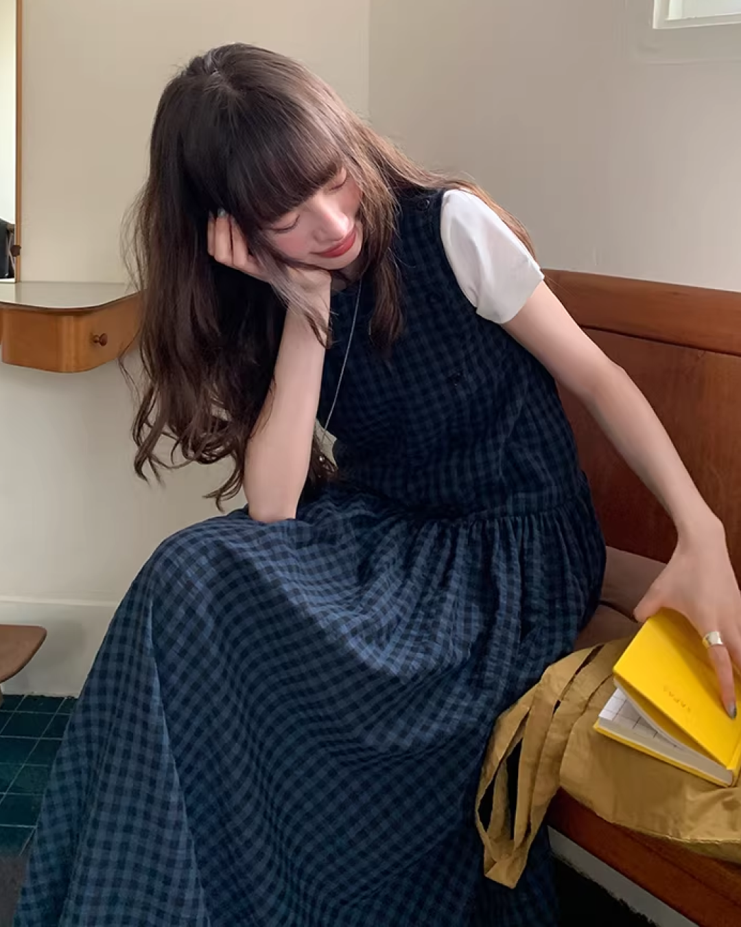 Navy Plaid Pattern Long Dress BU0113