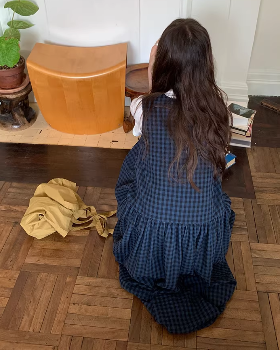 Navy Plaid Pattern Long Dress BU0113