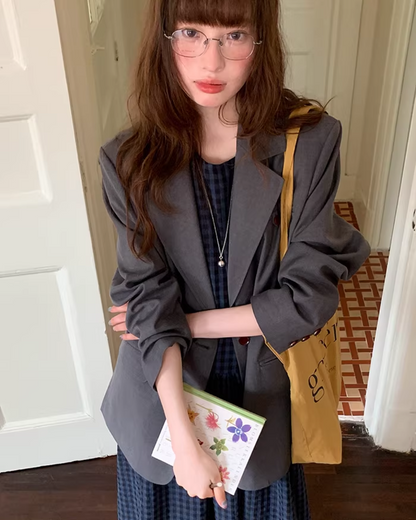 Navy Plaid Pattern Long Dress BU0113