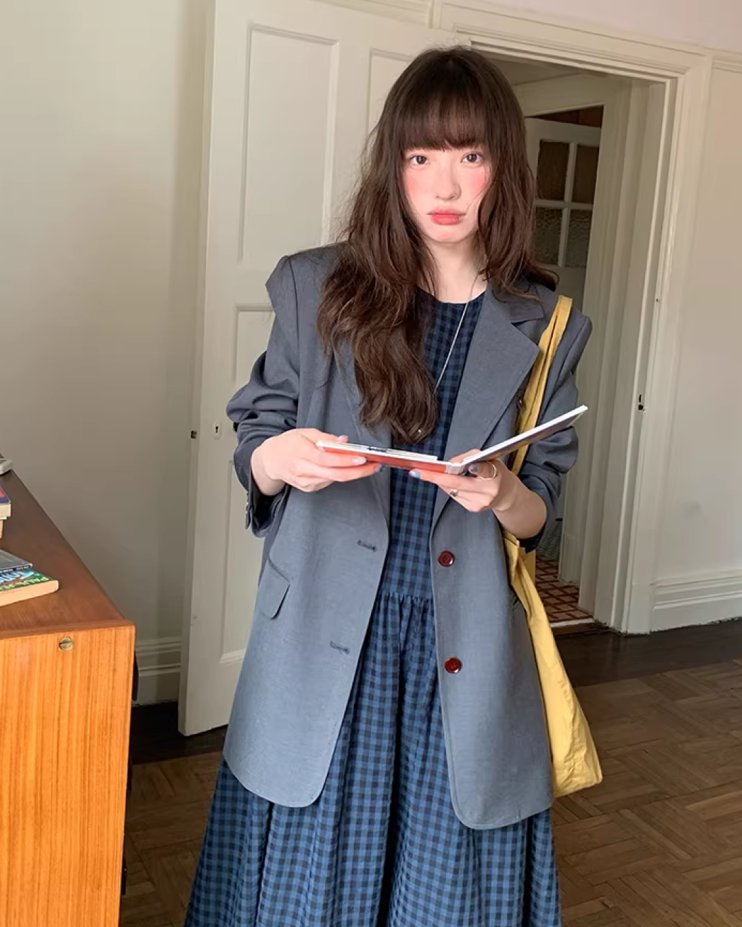 Navy Plaid Pattern Long Dress BU0113