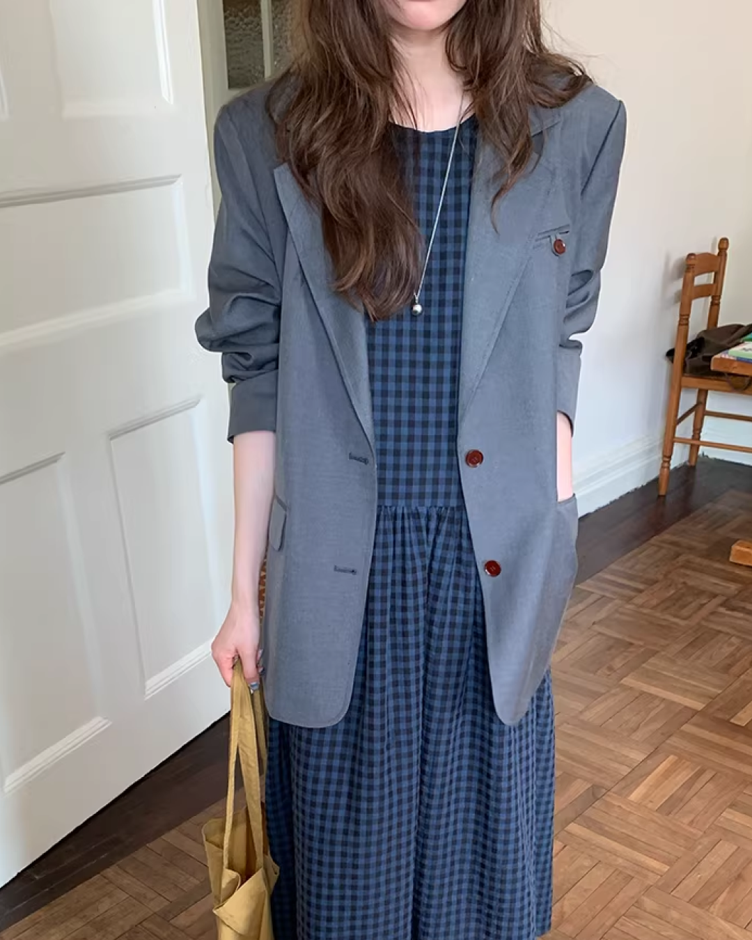 Navy Plaid Pattern Long Dress BU0113