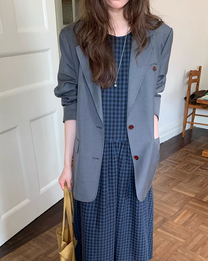 Navy Plaid Pattern Long Dress BU0113