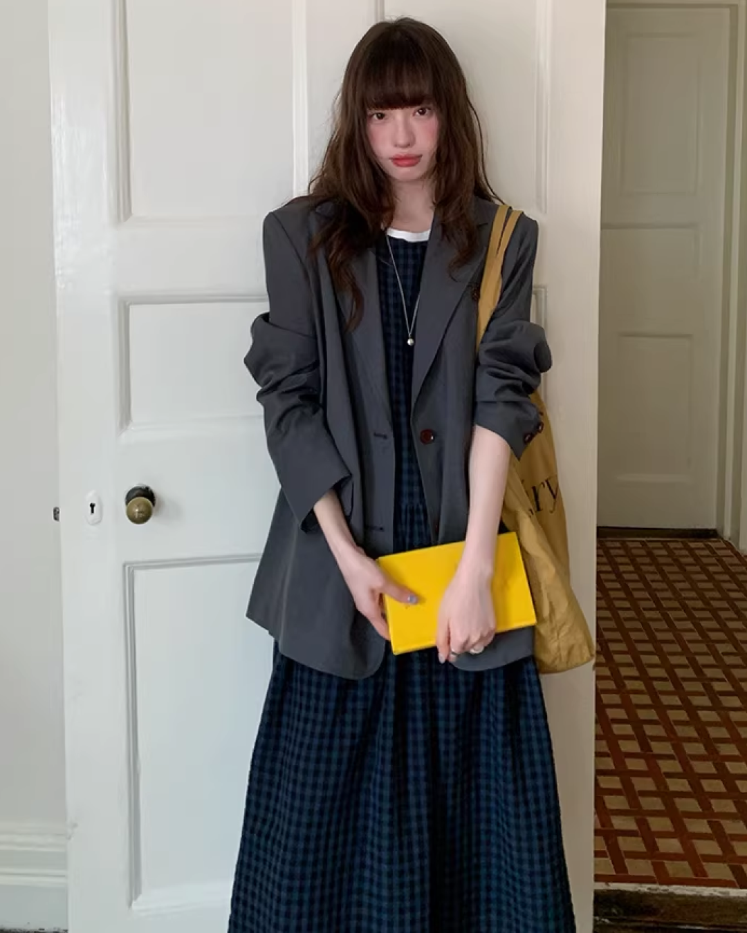 Navy Plaid Pattern Long Dress BU0113