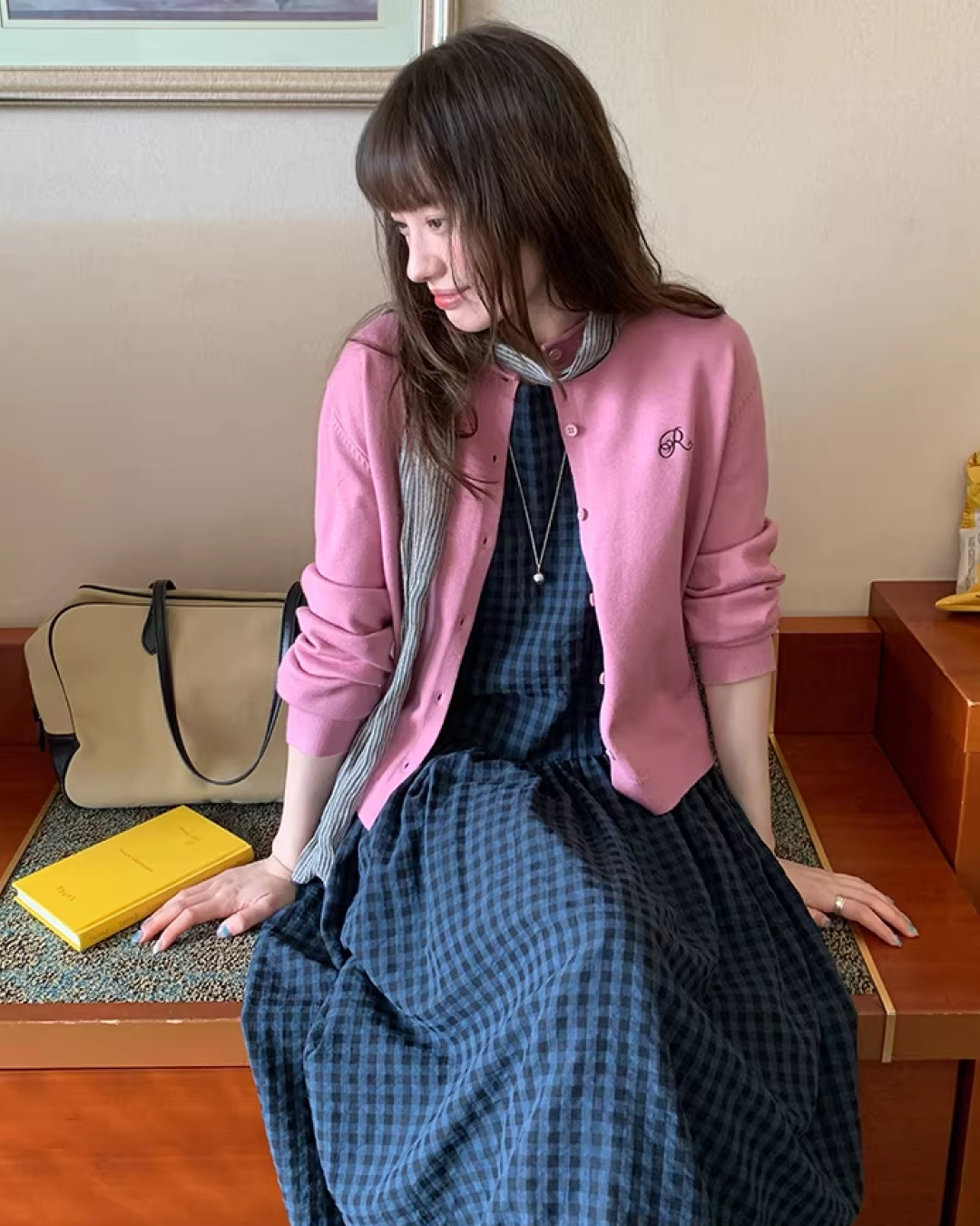 Navy Plaid Pattern Long Dress BU0113