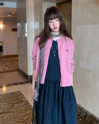 Navy Plaid Pattern Long Dress BU0113