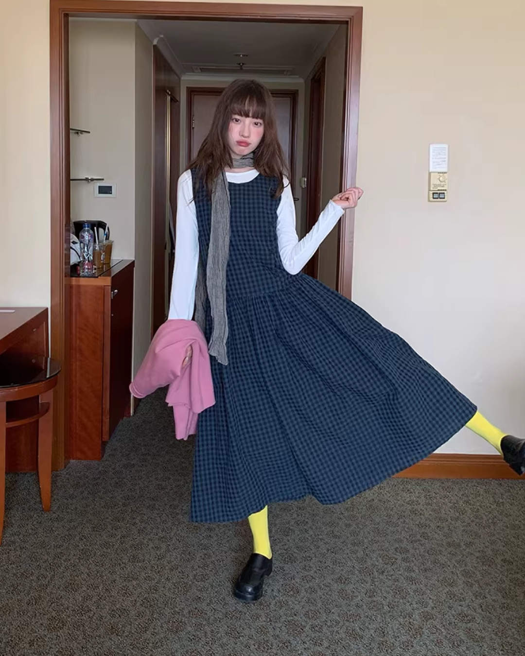 Navy Plaid Pattern Long Dress BU0113