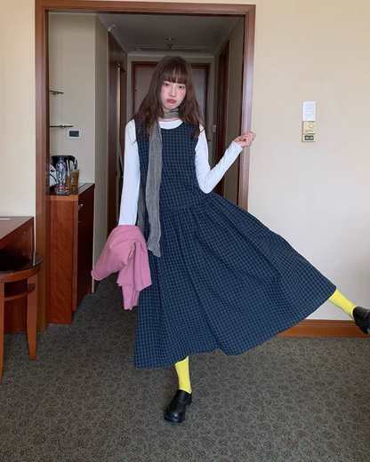 Navy Plaid Pattern Long Dress BU0113