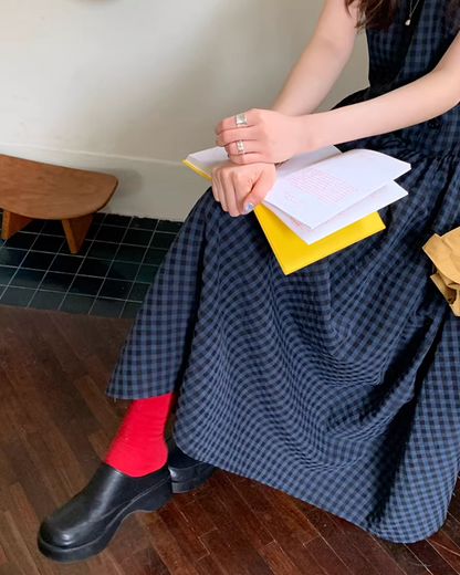 Navy Plaid Pattern Long Dress BU0113