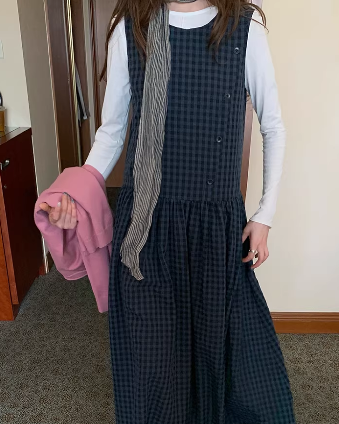 Navy Plaid Pattern Long Dress BU0113