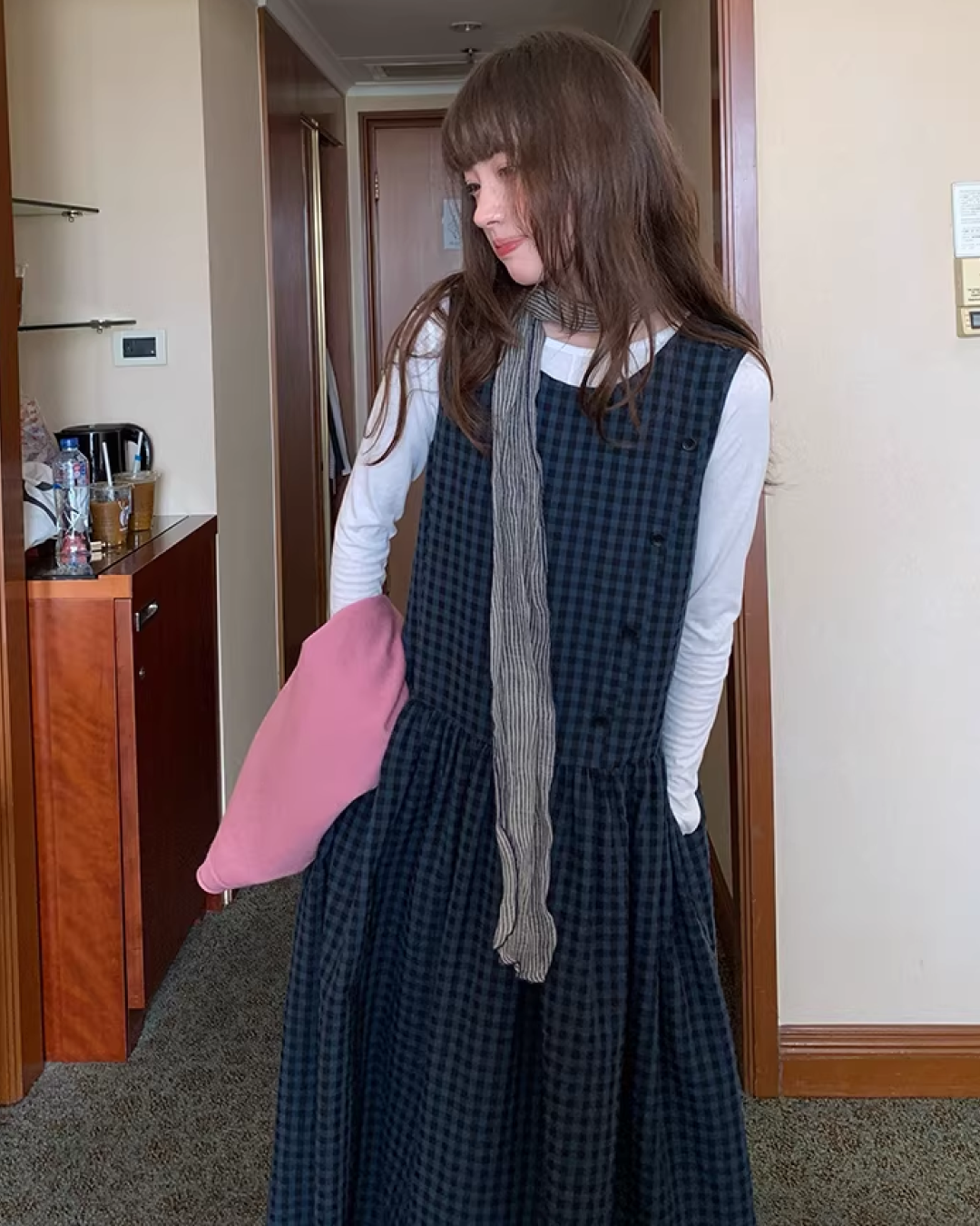 Navy Plaid Pattern Long Dress BU0113