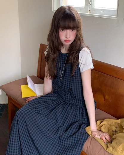 Navy Plaid Pattern Long Dress BU0113