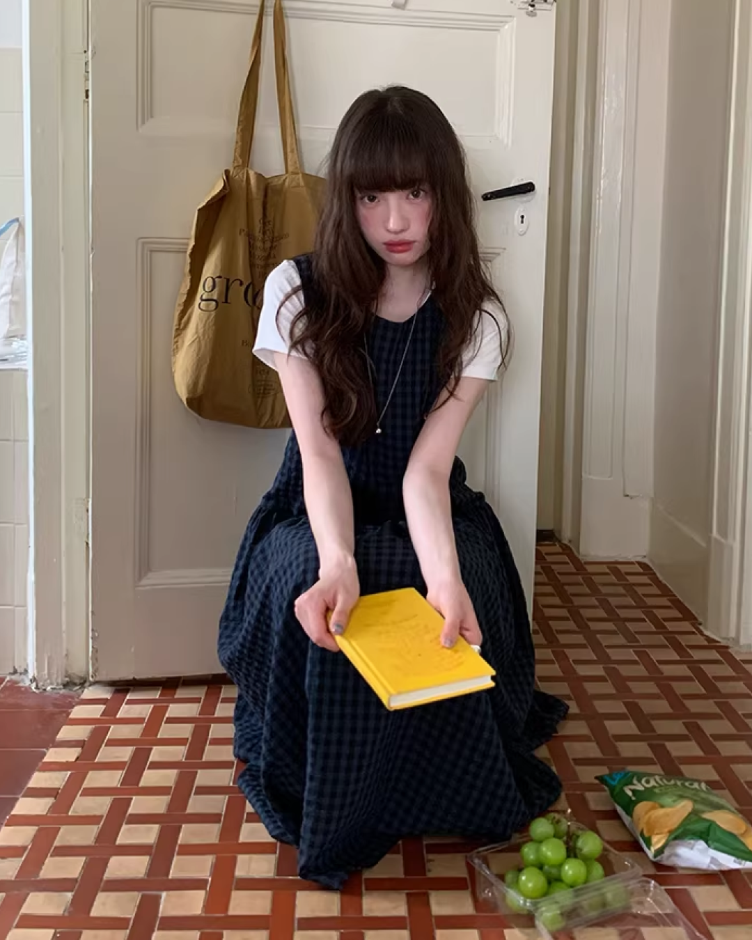 Navy Plaid Pattern Long Dress BU0113