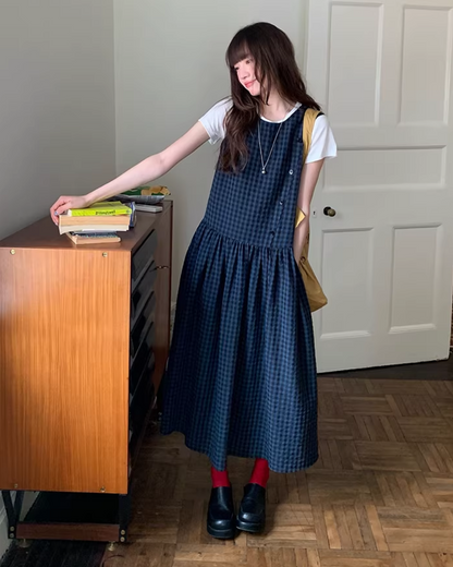 Navy Plaid Pattern Long Dress BU0113