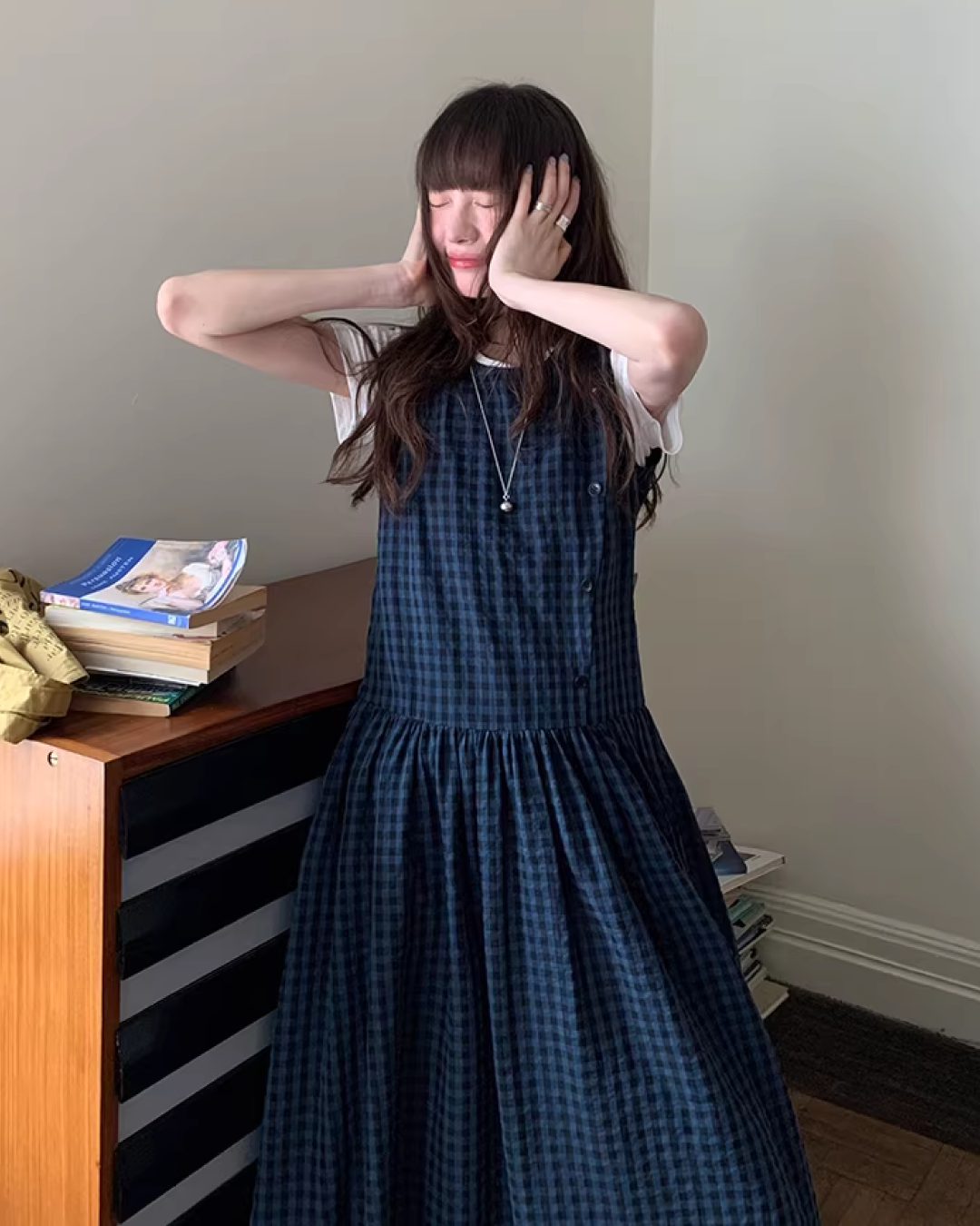 Navy Plaid Pattern Long Dress BU0113