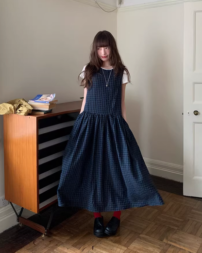 Navy Plaid Pattern Long Dress BU0113