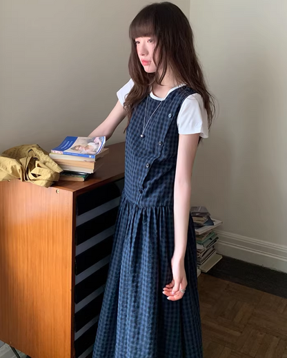 Navy Plaid Pattern Long Dress BU0113