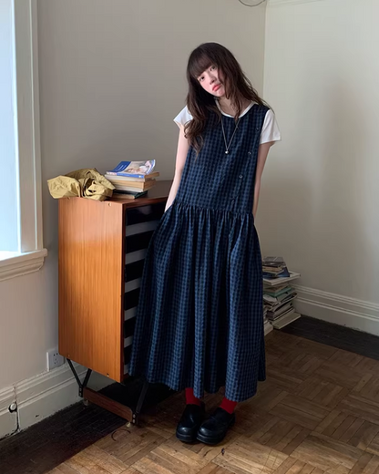 Navy Plaid Pattern Long Dress BU0113