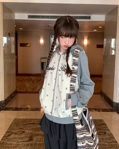 Bicolor Star Print Zip Hoodie BU0127