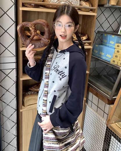 Bicolor Star Print Zip Hoodie BU0127