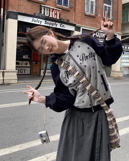 Bicolor Star Print Zip Hoodie BU0127