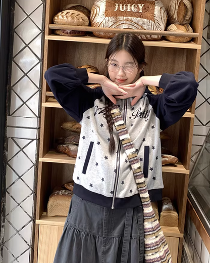 Bicolor Star Print Zip Hoodie BU0127