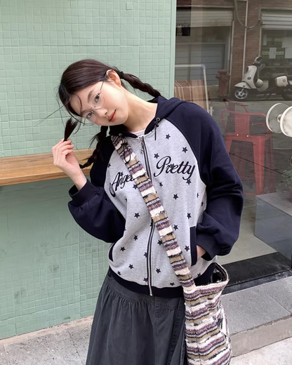 Bicolor Star Print Zip Hoodie BU0127