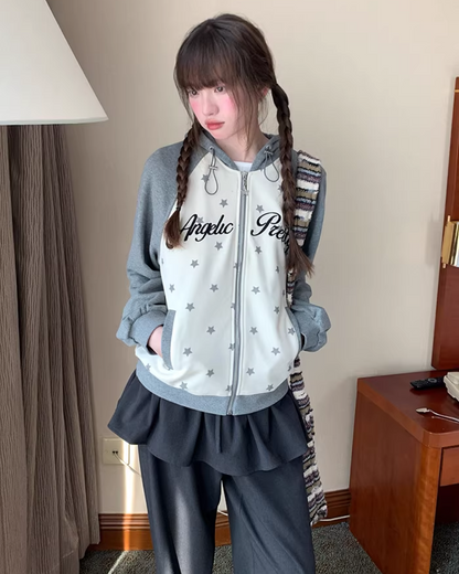Bicolor Star Print Zip Hoodie BU0127