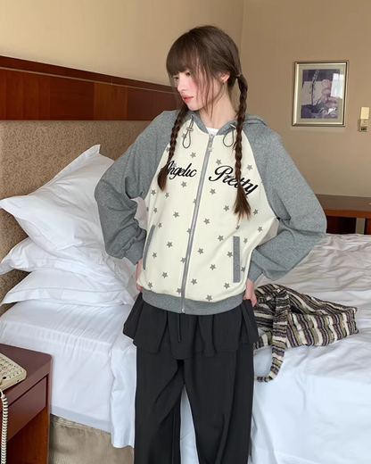 Bicolor Star Print Zip Hoodie BU0127