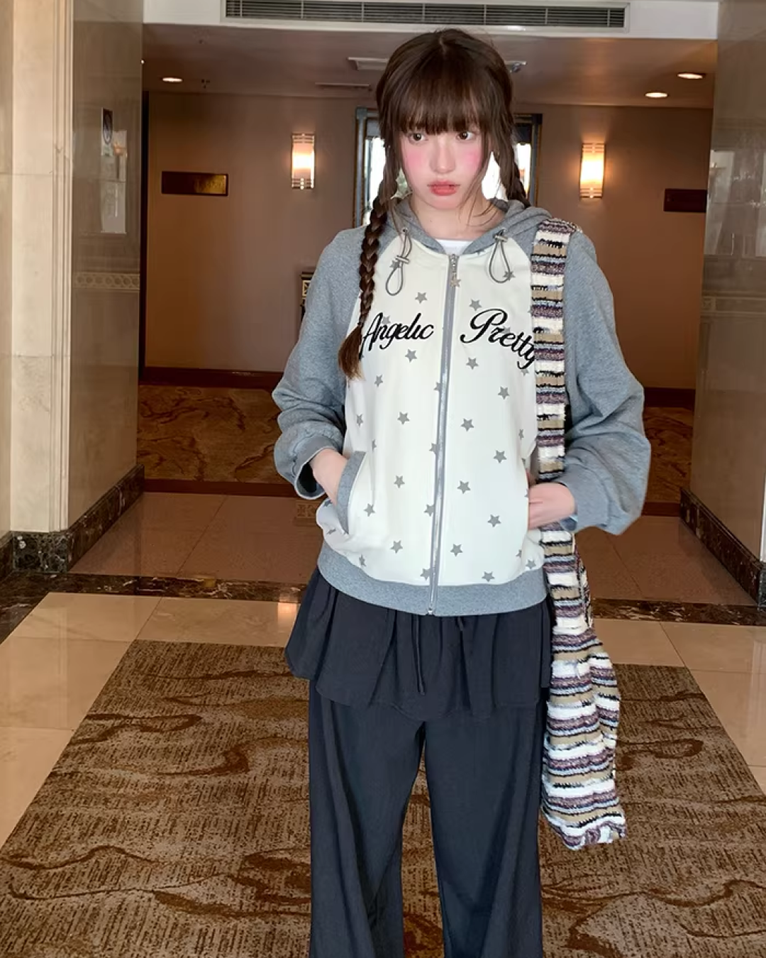 Bicolor Star Print Zip Hoodie BU0127