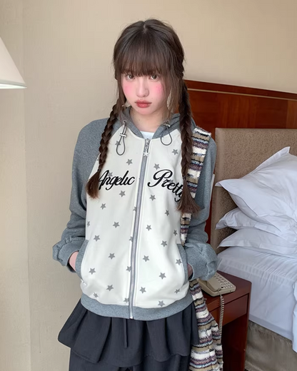 Bicolor Star Print Zip Hoodie BU0127