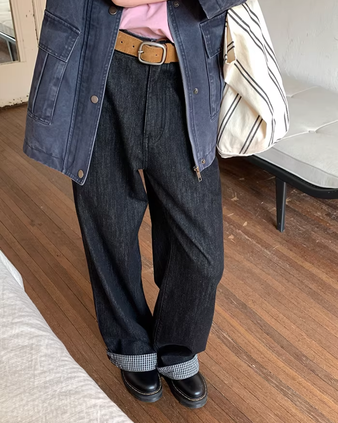 Plaid Turned-up Denim Pants  BU0129