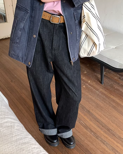 Plaid Turned-up Denim Pants  BU0129