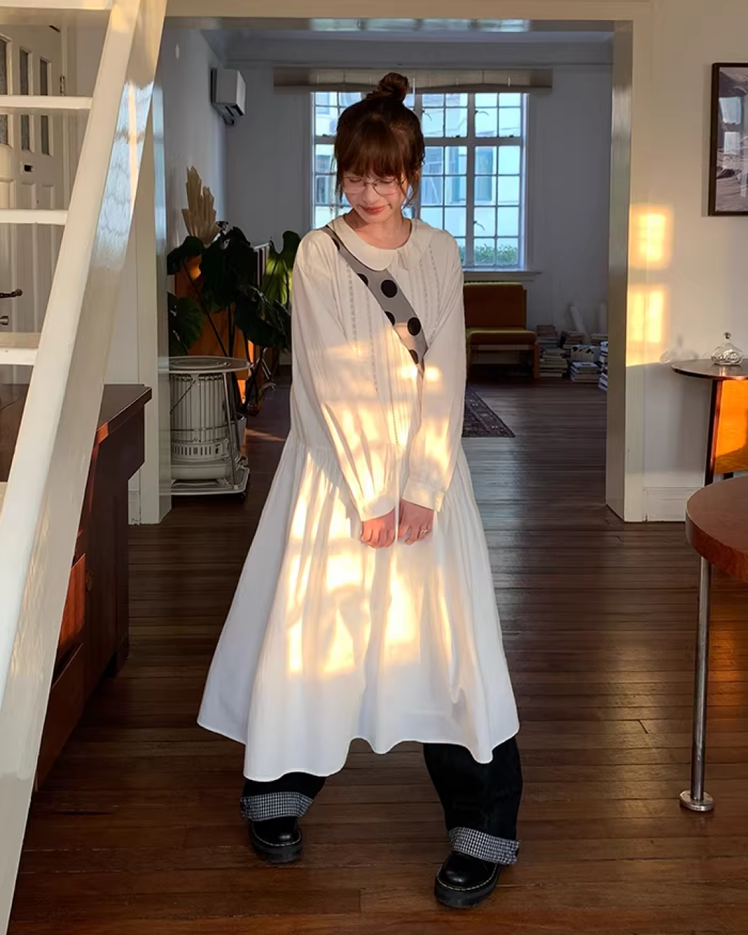 Plaid Turned-up Denim Pants  BU0129