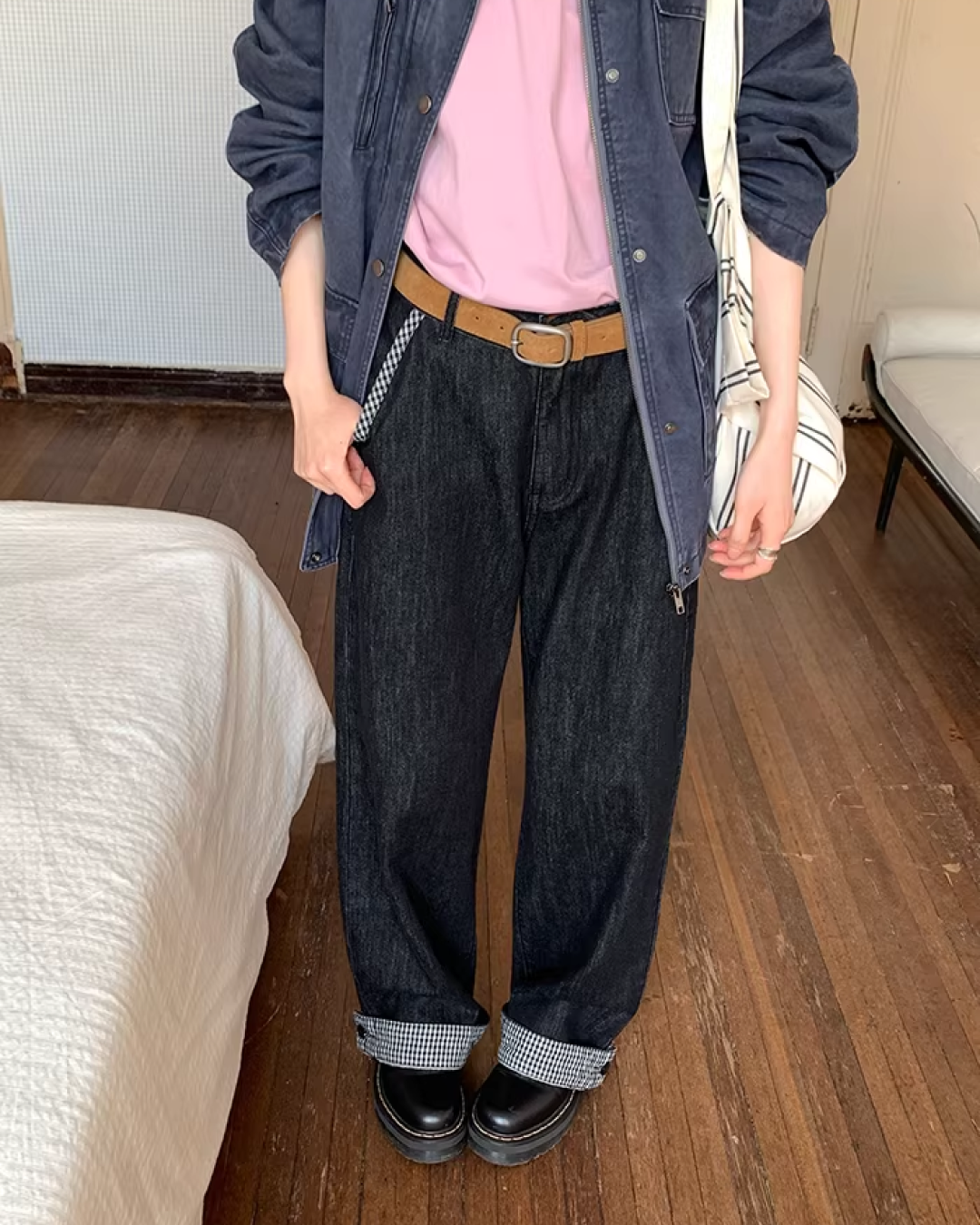 Plaid Turned-up Denim Pants  BU0129