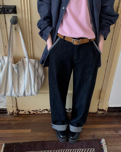 Plaid Turned-up Denim Pants  BU0129