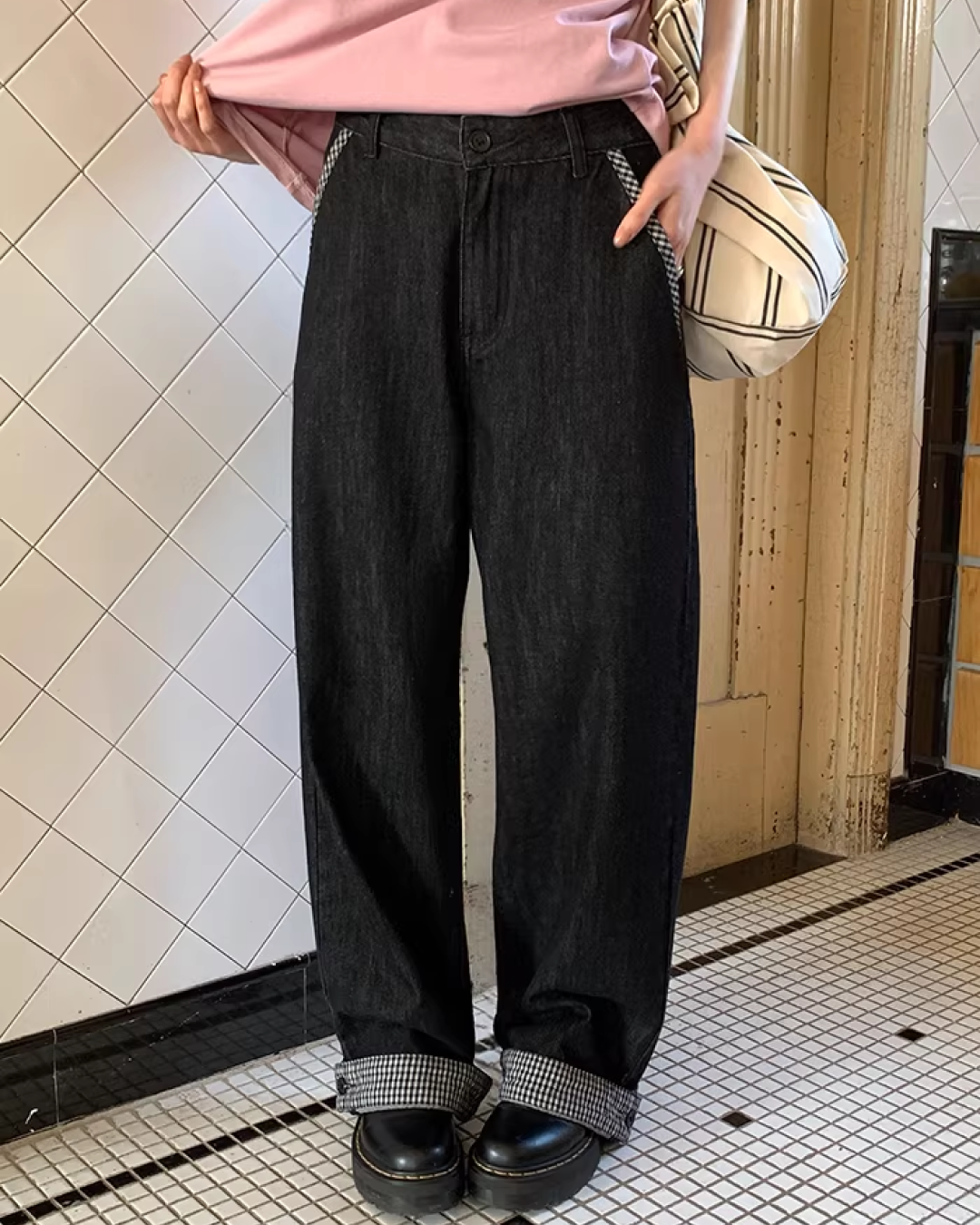 Plaid Turned-up Denim Pants  BU0129