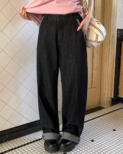 Plaid Turned-up Denim Pants  BU0129