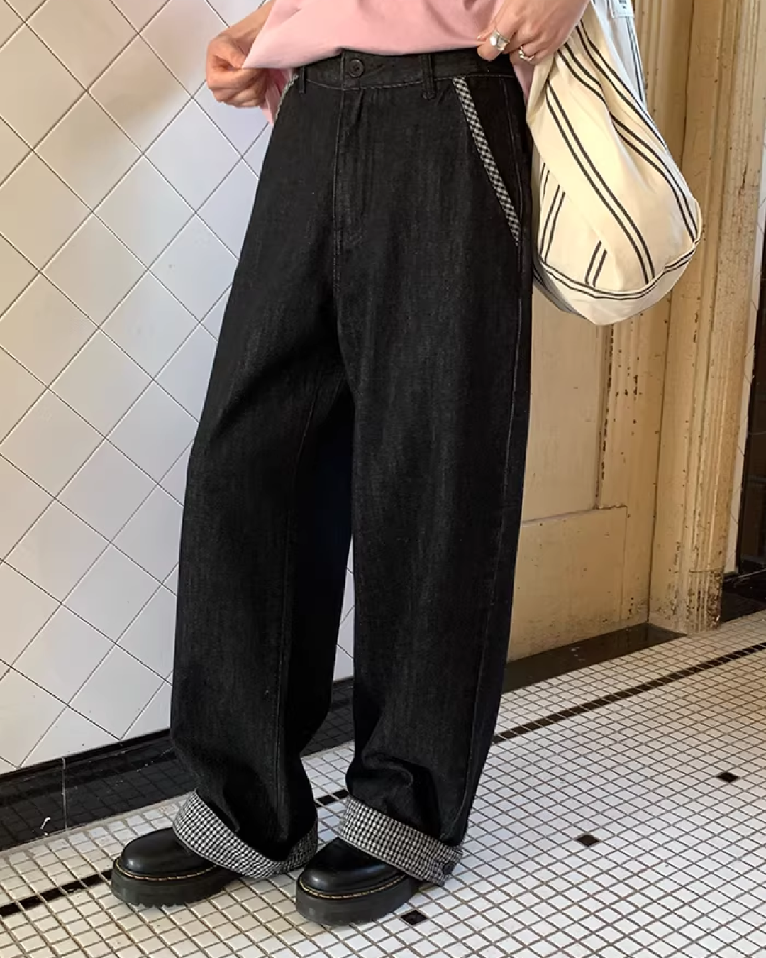 Plaid Turned-up Denim Pants  BU0129