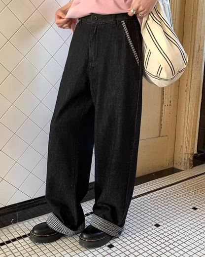 Plaid Turned-up Denim Pants  BU0129