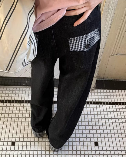 Plaid Turned-up Denim Pants  BU0129